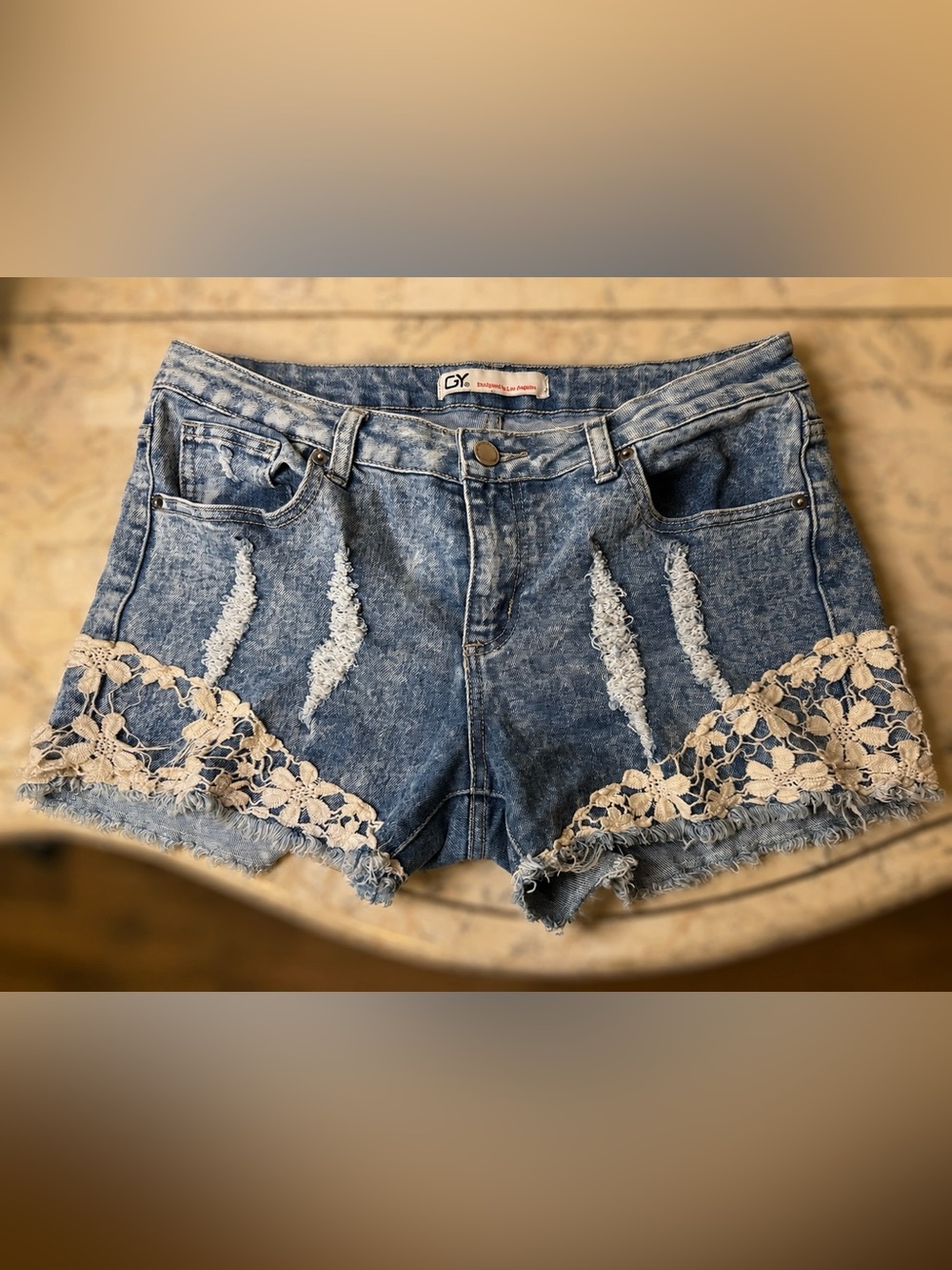 Denim Blue Lace-Trim Distressed Women's Shorts